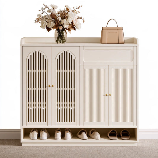 Meuble à chaussures en bois, coloris blanc cassé et beige clair